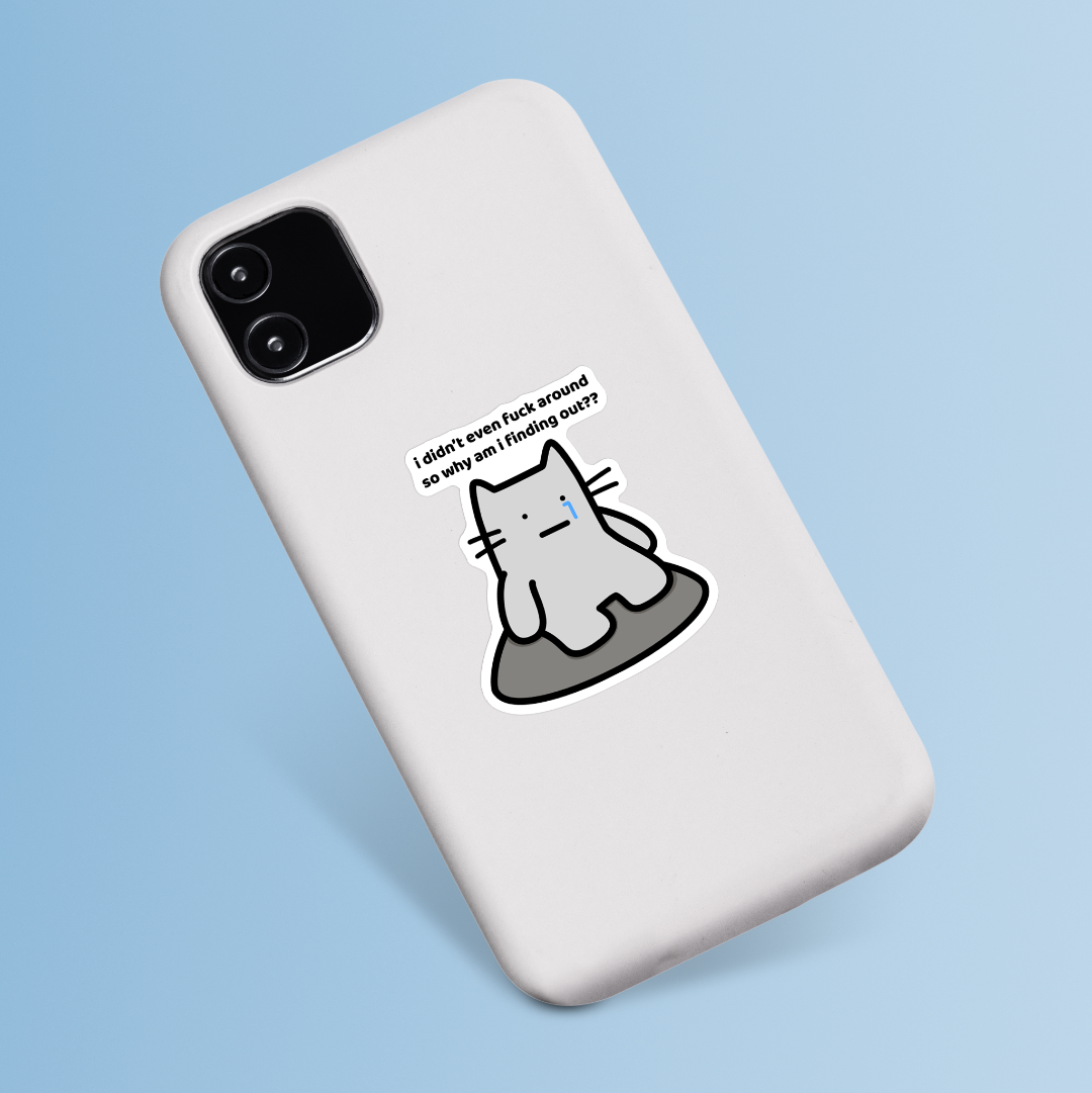 waterproof cat vinyl sticker with the text "I didn't even fuck around so why am I finding out?" on a phone case