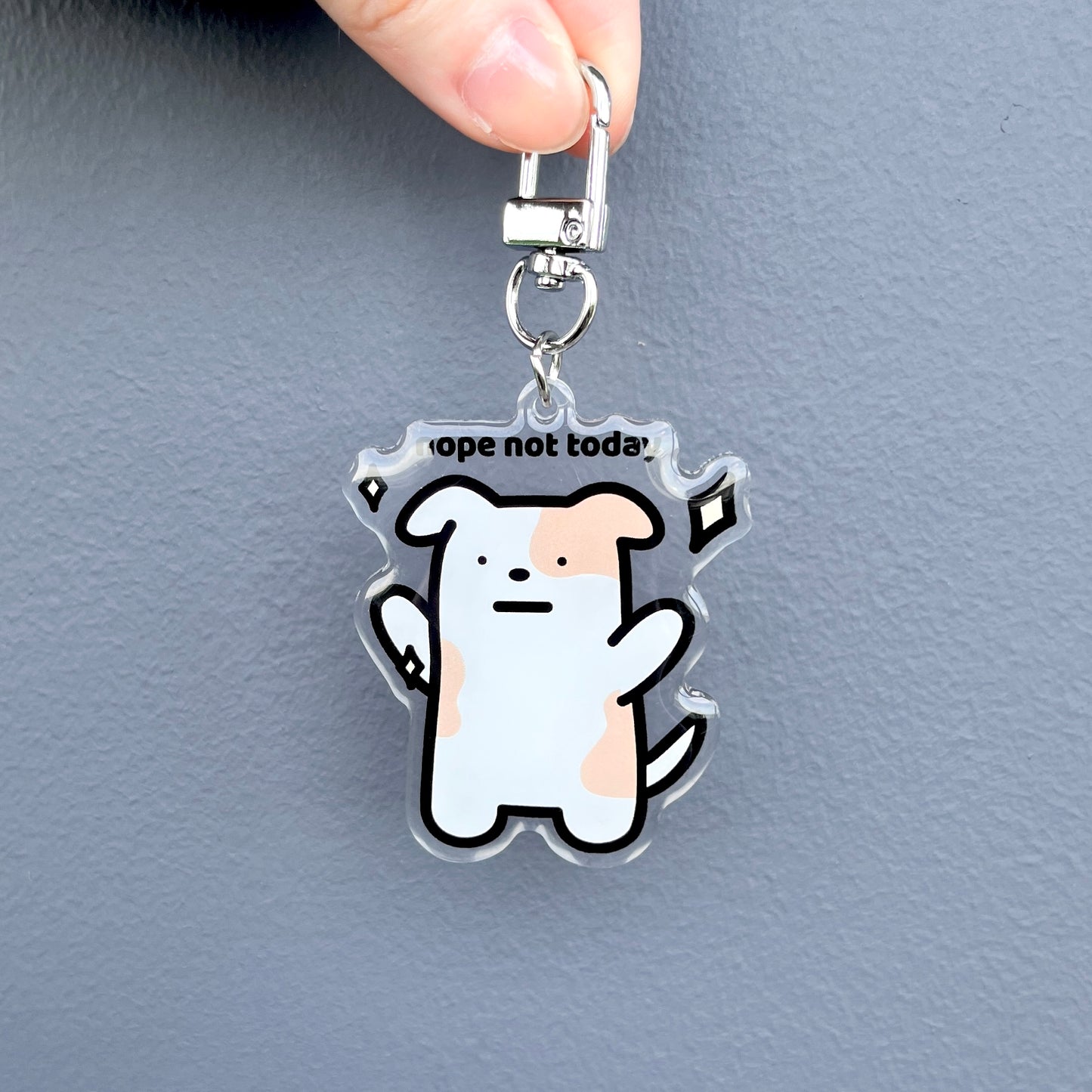 waterproof dog acrylic keychain with the text “Nope not today" on a plain background
