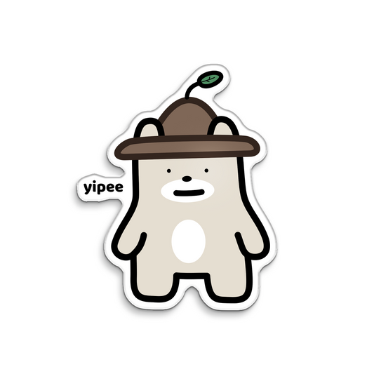 waterproof bear acrylic pin with the text "Yipee"