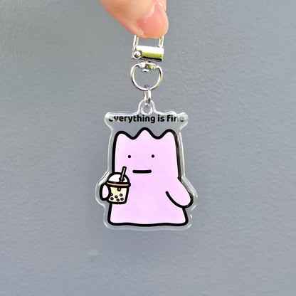 waterproof bubble tea acrylic keychain with the text “Everything is fine" on a plain background