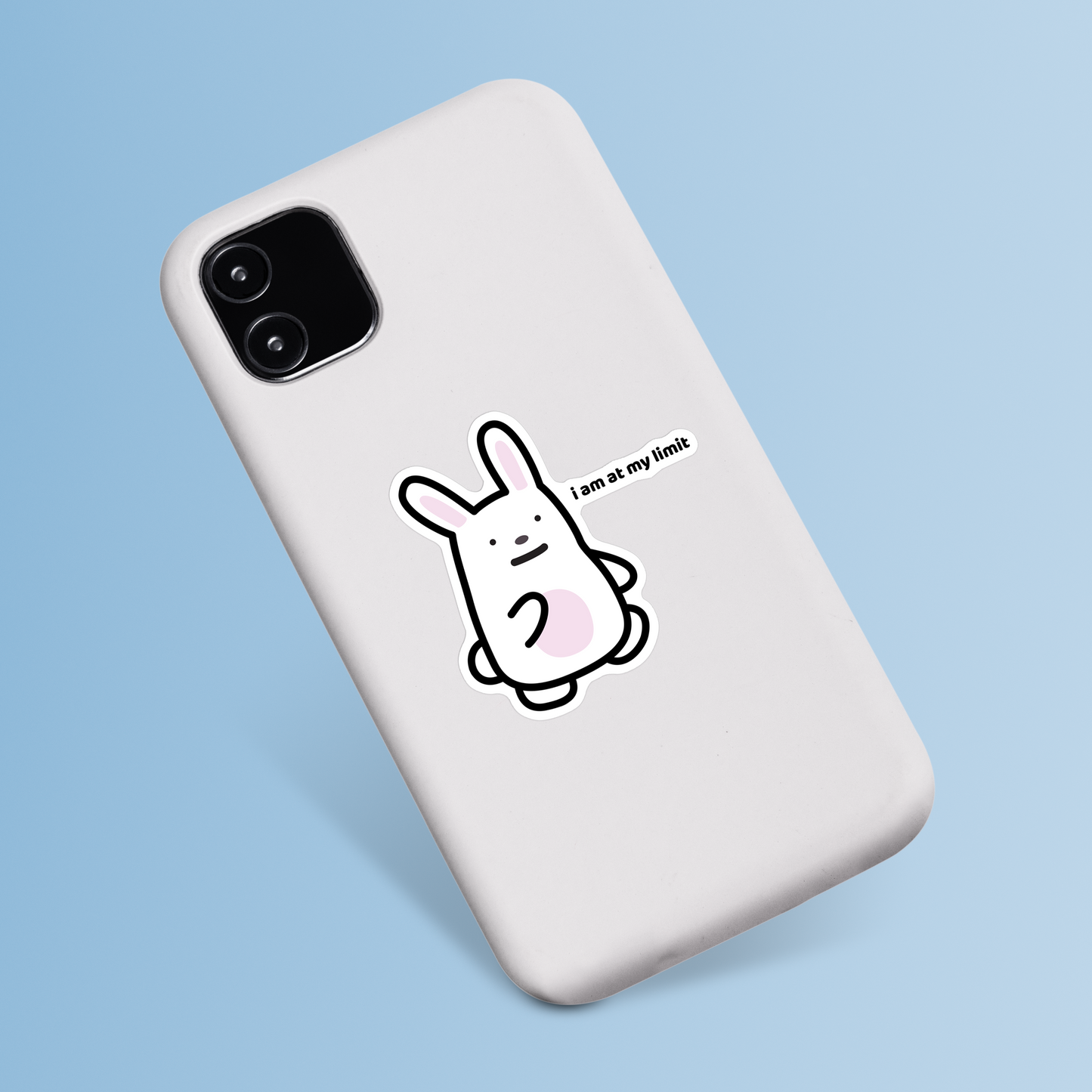 waterproof bunny vinyl sticker with the text "I am at my limit" on a phone case