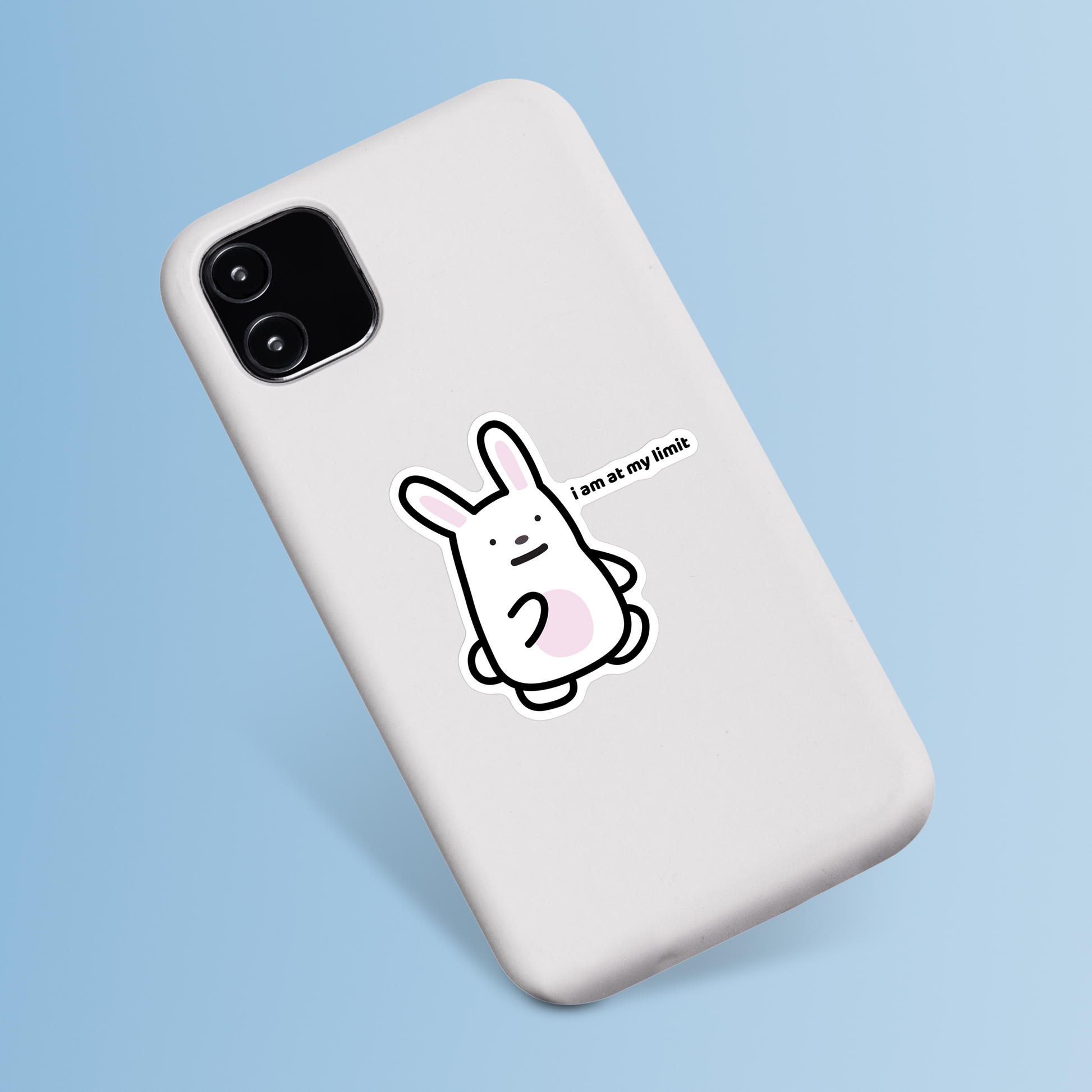 waterproof bunny vinyl sticker with the text "I am at my limit" on a phone case