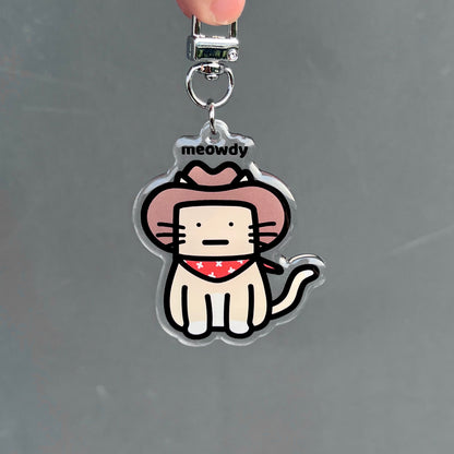 waterproof cat acrylic keychain with the text “Meowdy" on a plain background
