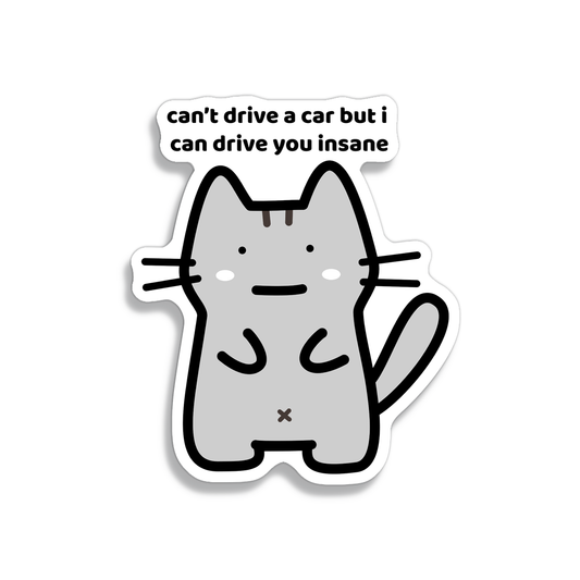 waterproof cat vinyl sticker with the text "Can't drive a car but I can drive you insane"
