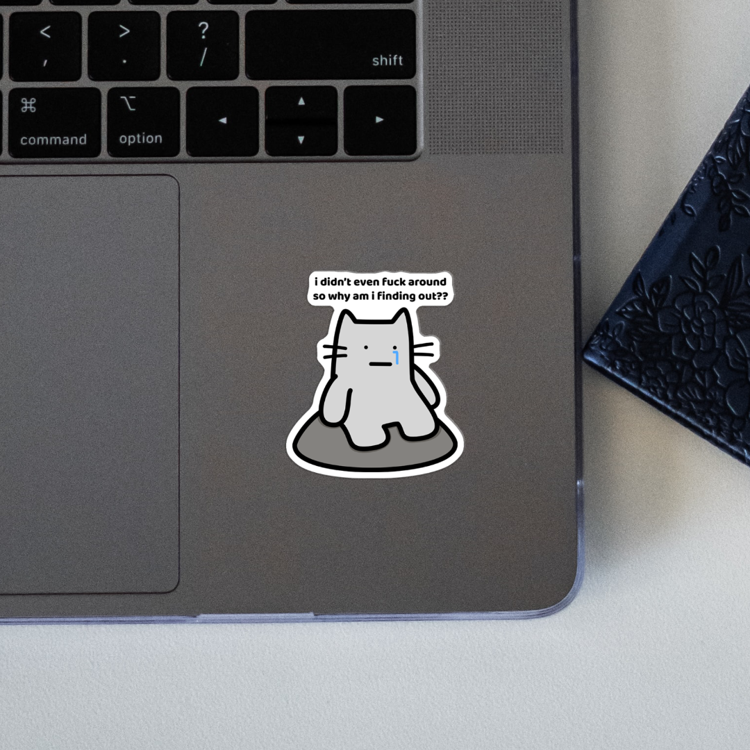closeup of waterproof cat vinyl sticker with the text "I didn't even fuck around so why am I finding out?"