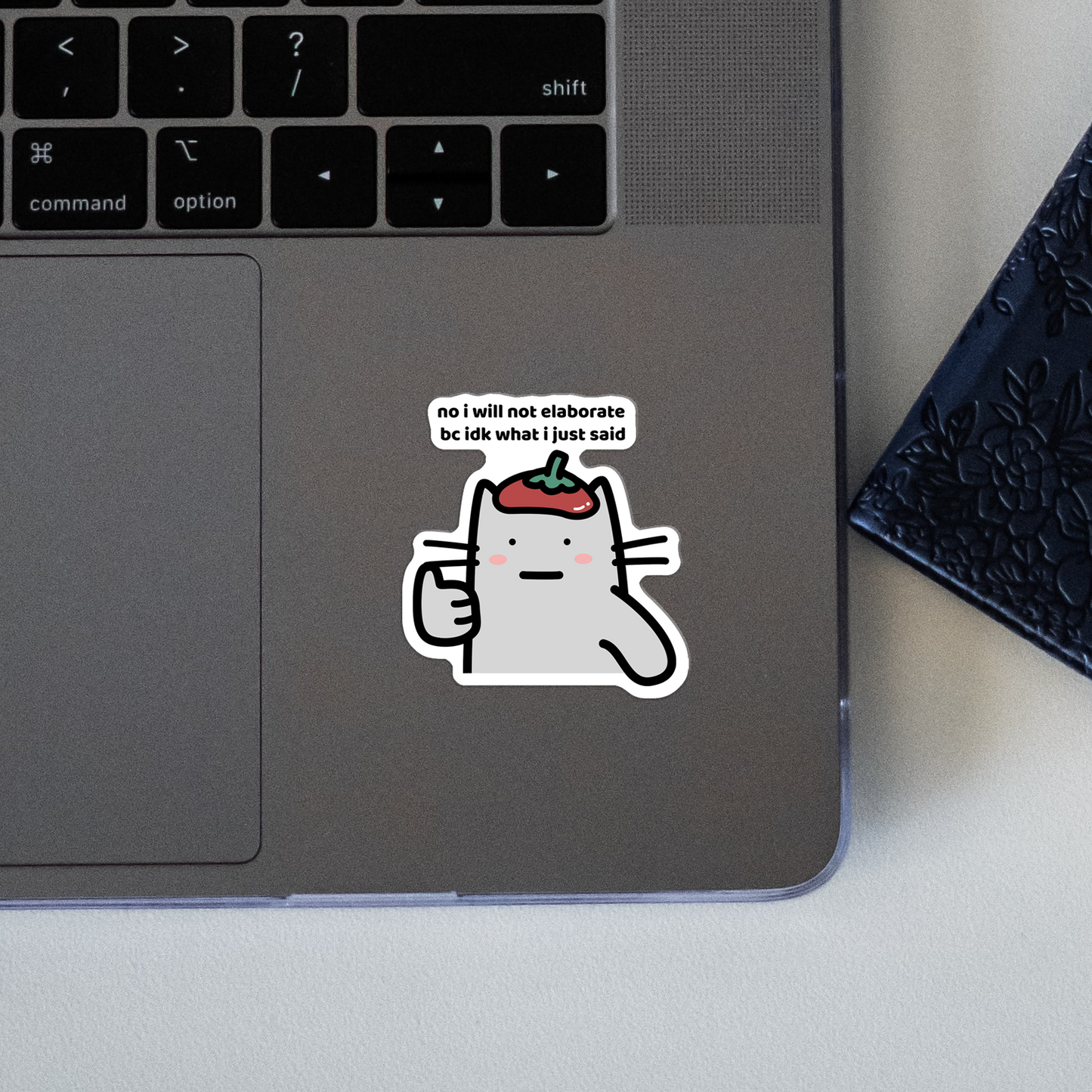 closeup of waterproof cat vinyl sticker with the text "No I will not elaborate because IDK what I just said"