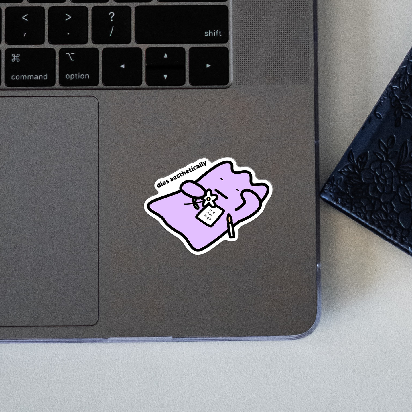 closeup of waterproof vinyl sticker with the text “Dies aesthetically"