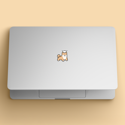 waterproof shiba vinyl sticker with the text "You shibastard" on a laptop