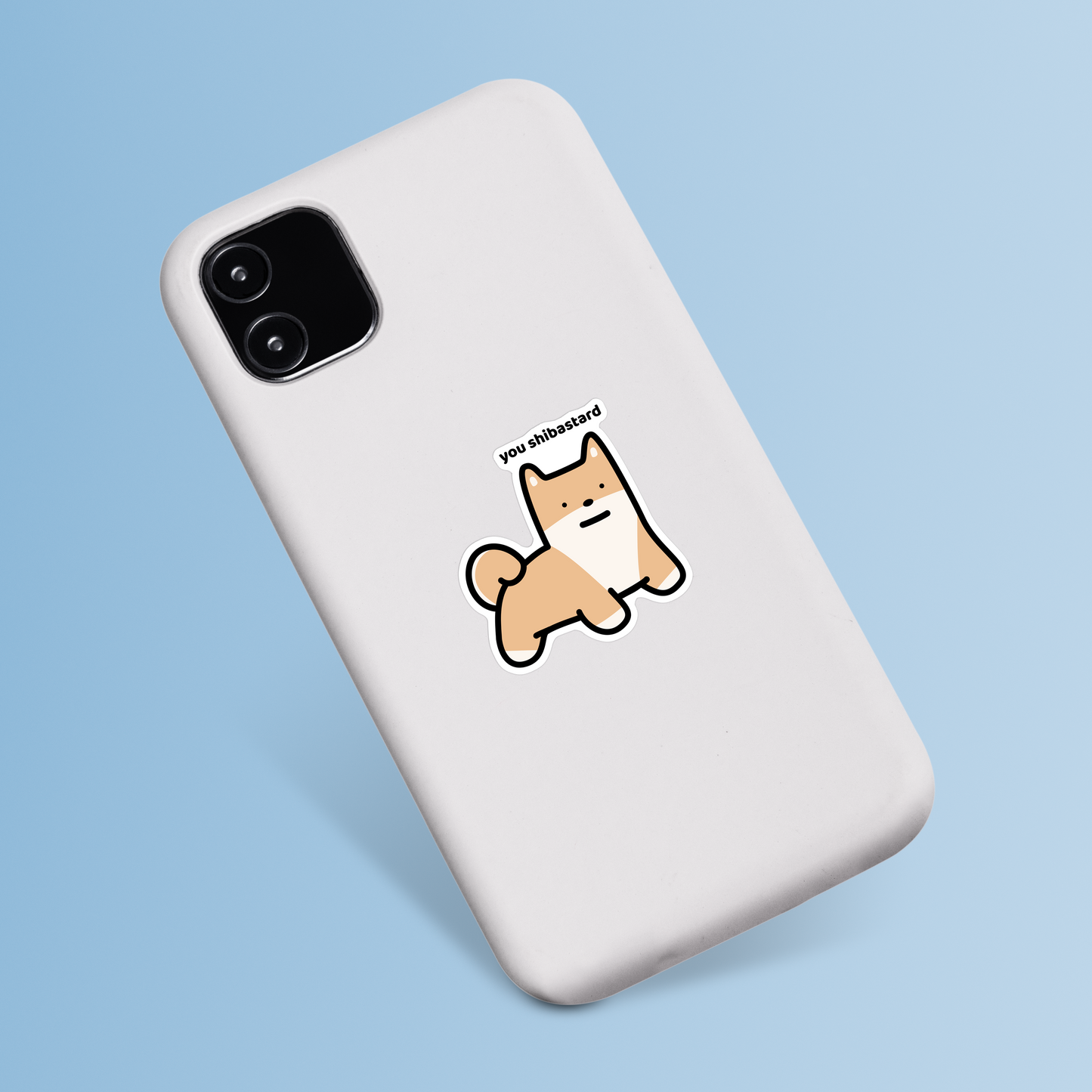 waterproof shiba vinyl sticker with the text "You shibastard" on a phone case